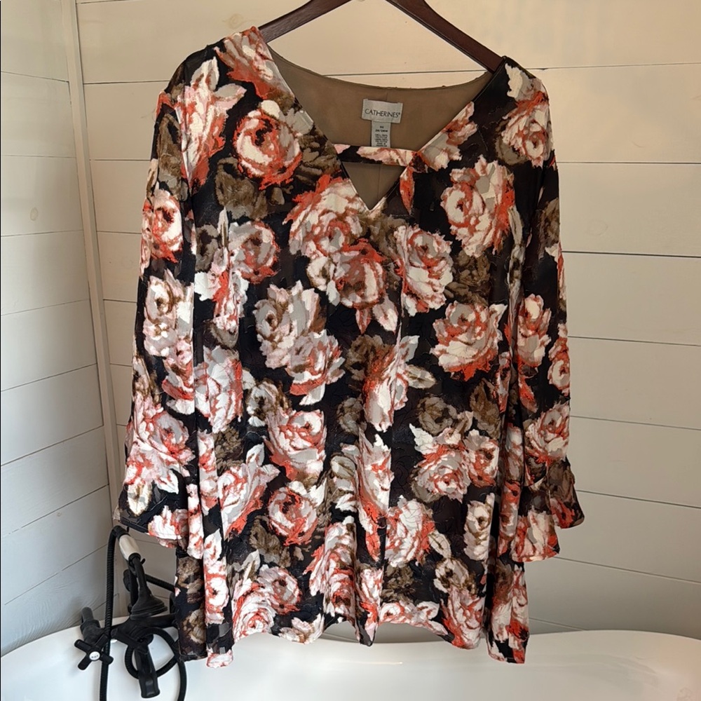 Catherines Black, Coral and White Ruffled 3/4 Sleeve Blouse
